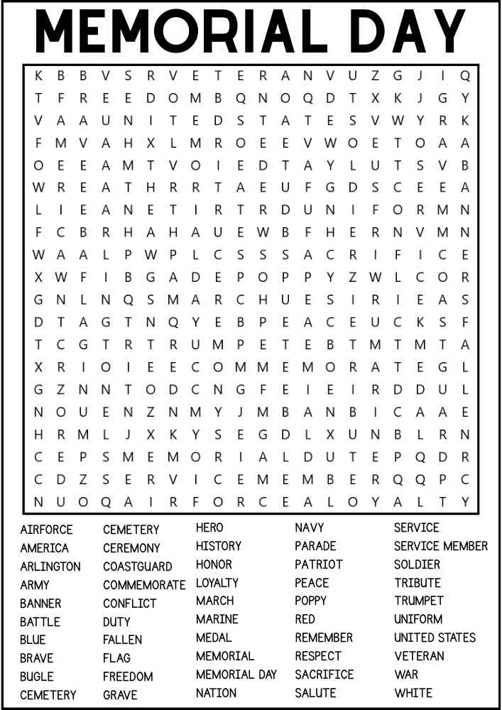 Memorial Day Word Search – 50 Word Patriotic Puzzle Printable